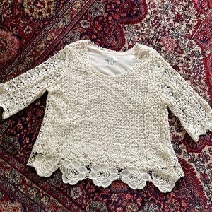 Like New…lace overlay pop-over blouse with sheer 3/4 sleeves